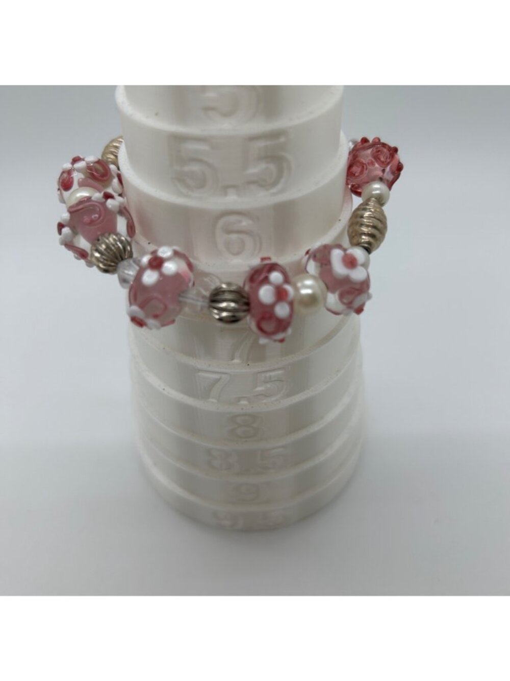 Floral Lampwork Bracelet Glass Bead Bracelet Pink White Pearl Crystal Artisan - Picture 9 of 10